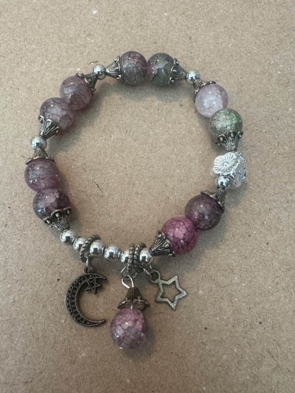 Multicolor Crackle Bead Charm Bracelet with Moon & Star